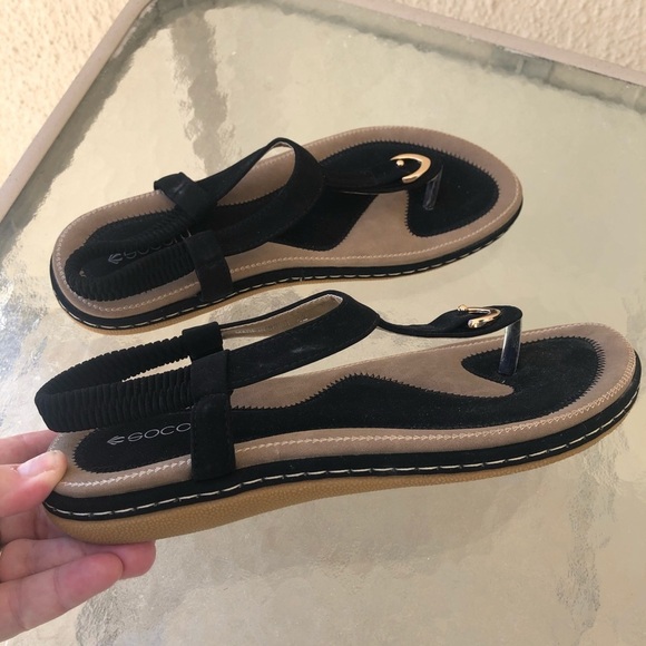 Socofy Black Suede Sandals w/ gold hardware - Picture 5 of 10